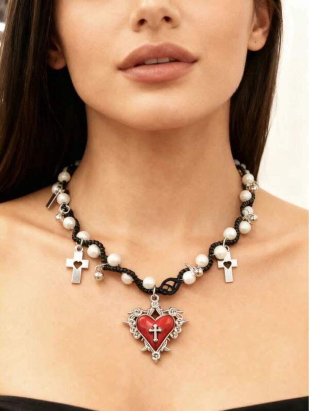 1pc Handmade Pearl Necklace With Heart & Cross Design, Bicolor Black &